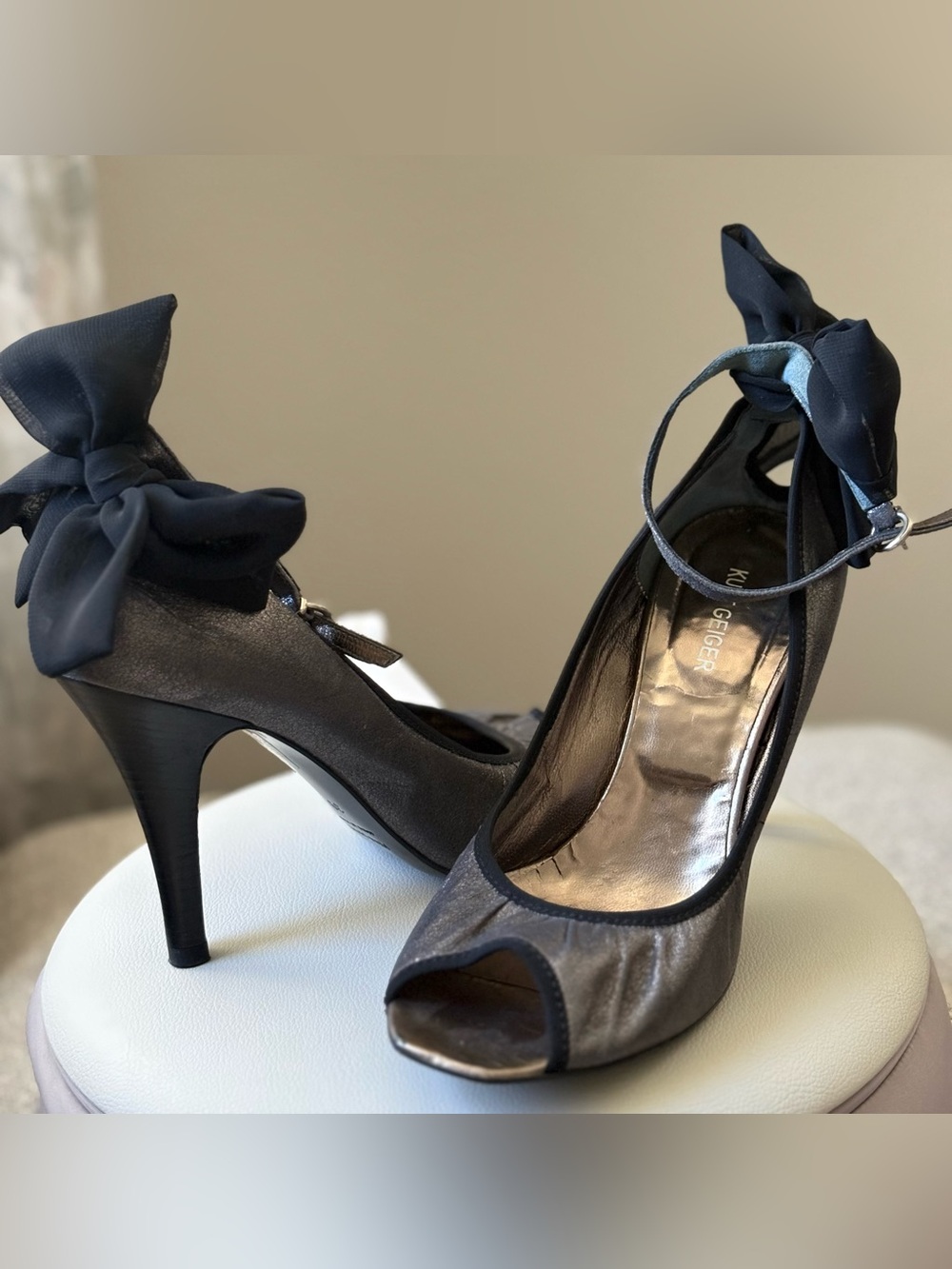 Kurt Geiger London Gunmetal Peep-Toe Stiletto Heels with Black Ankle Bows